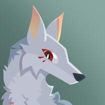 drawing of a white foxlike character with red markings